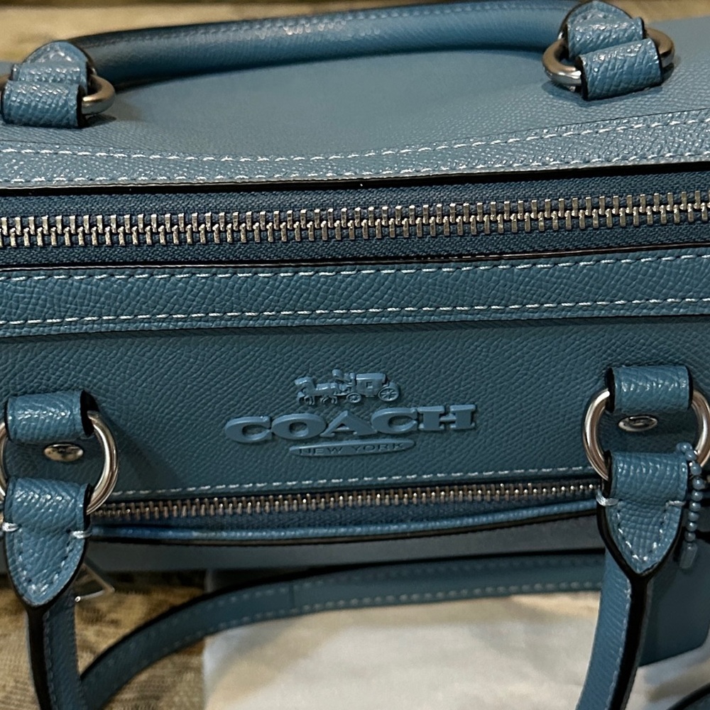 Coach Teal Blue Pebbled Leather Rowan Satchel with Detachable Strap - Picture 11 of 13